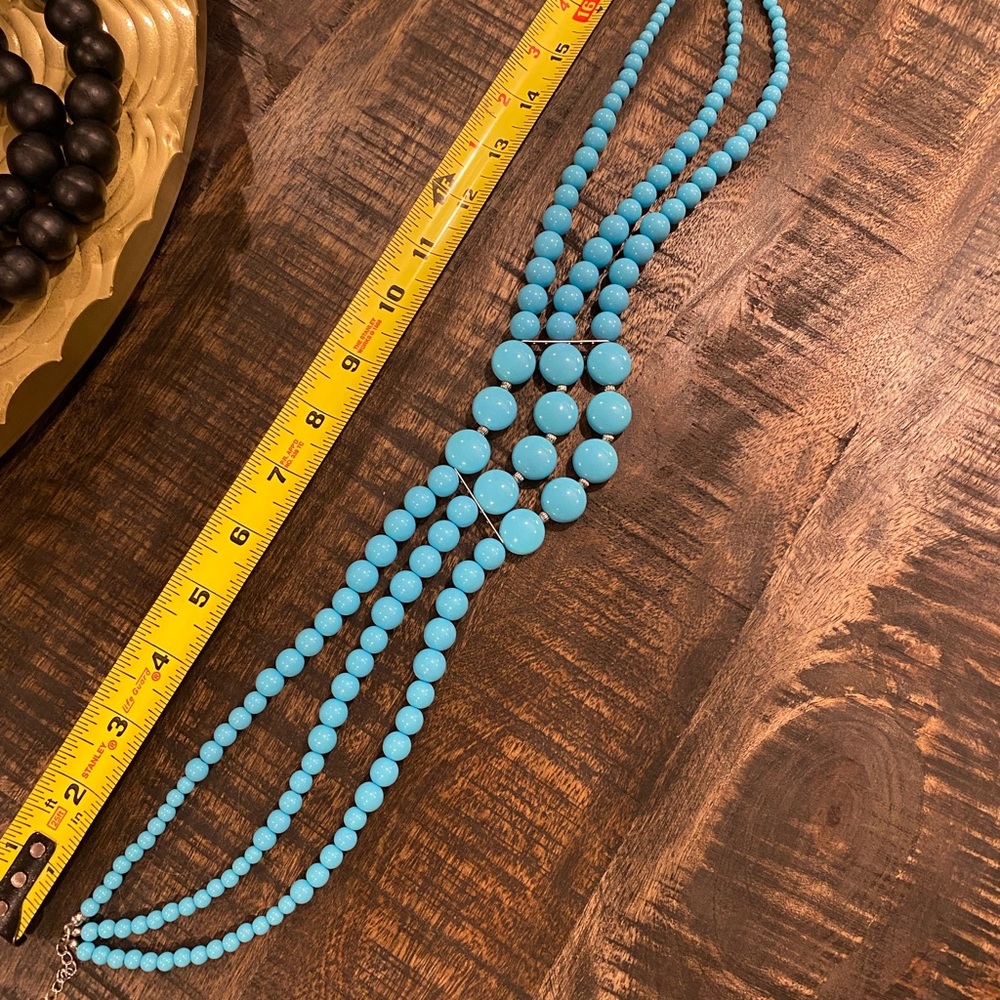 Turquoise Blue Beaded Statement Necklace Three Strand Robin’s Egg Sky Blue - Picture 3 of 3